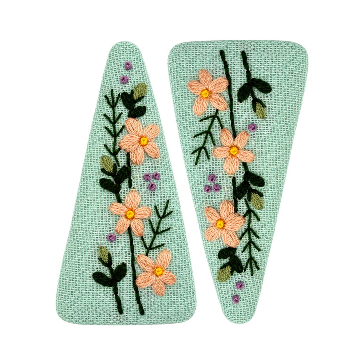 Handmade Embroidered Peach Flower, Mint Linen Hair Snap Clips, Triangle, 2.76 in. (Pack of 2)