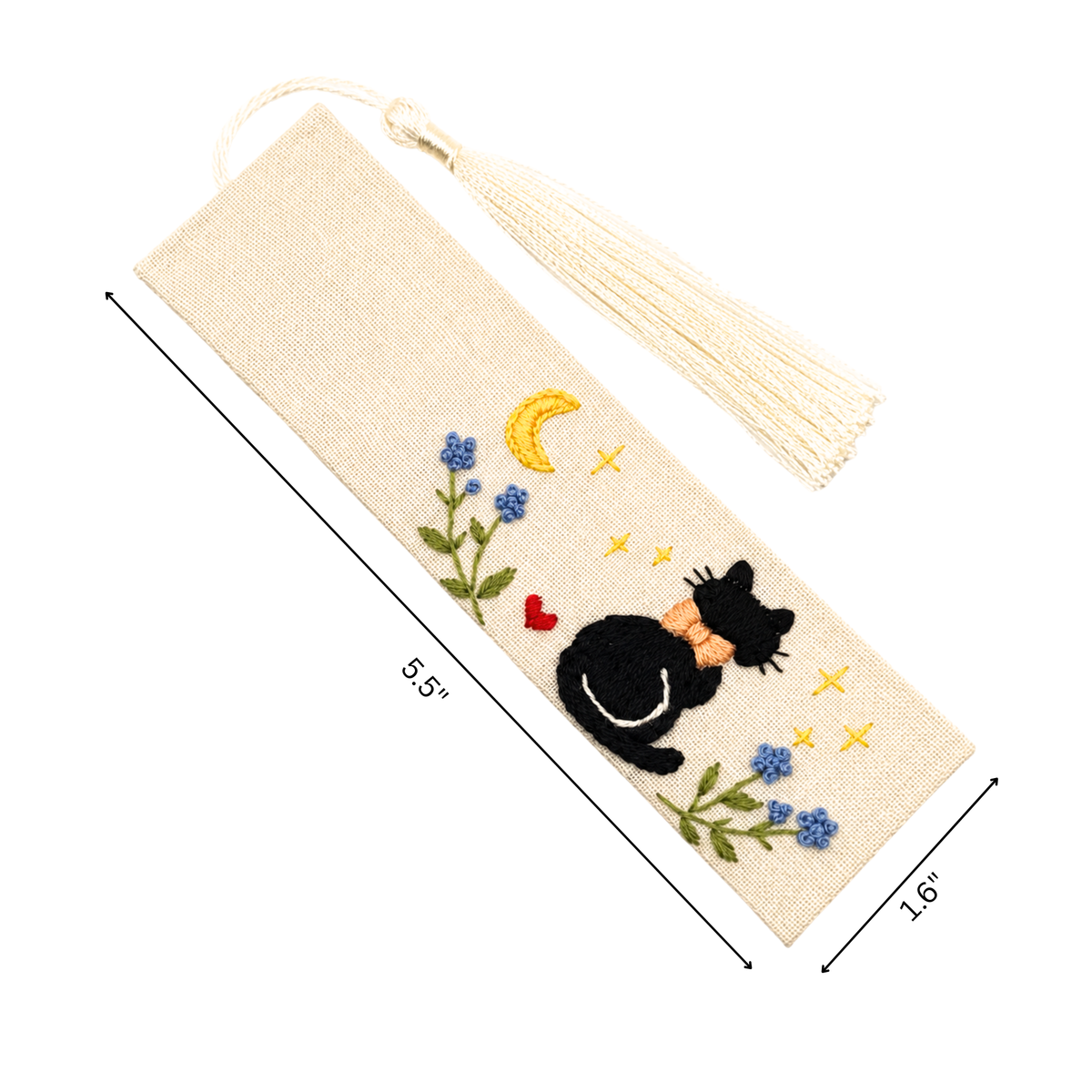 Handmade Embroidered Black Cat Linen Bookmark With Tassel - Moonlight Cat, 5.5 x 1.6 in.