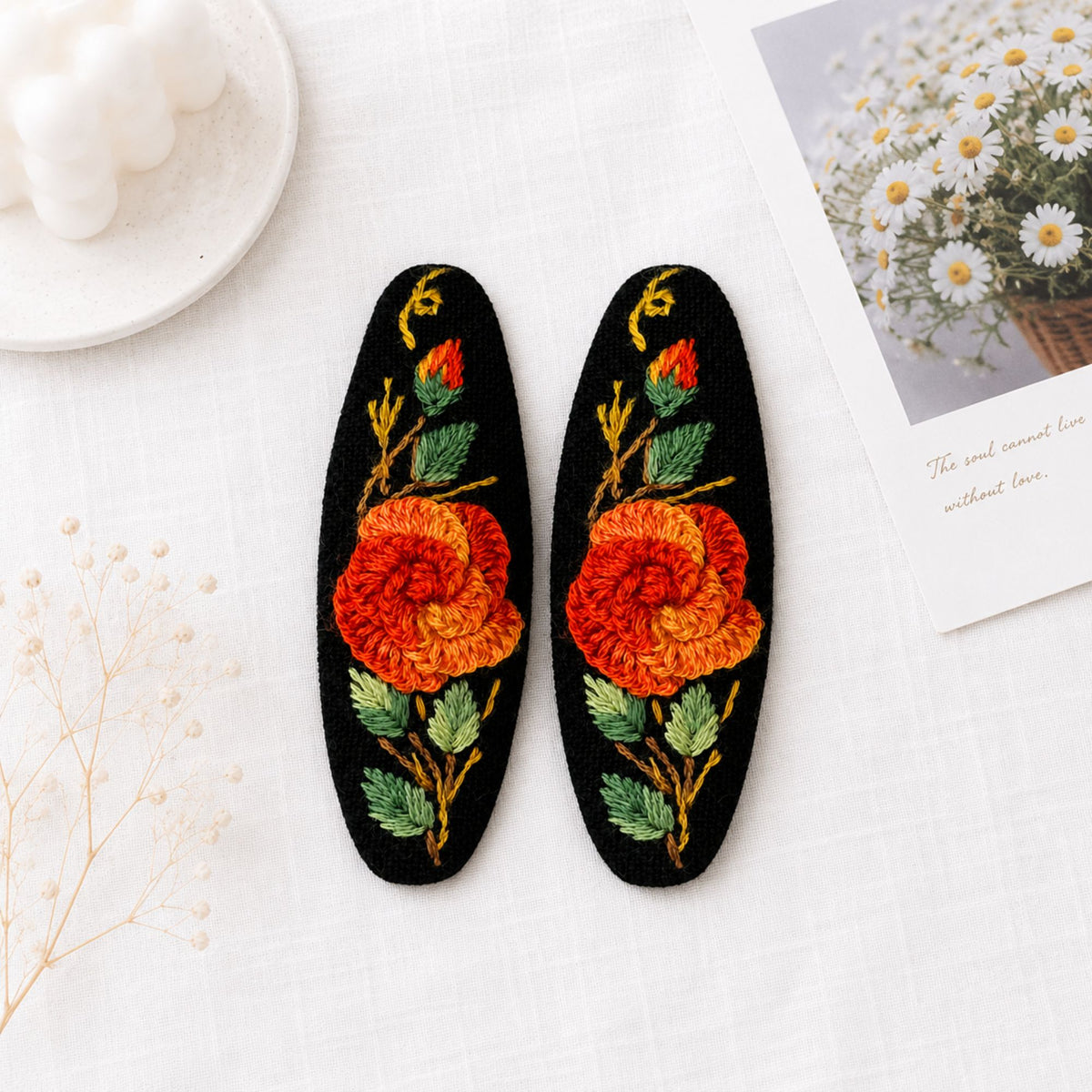 Hand Embroidered Ombre Orange Rose Linen Hair Snap Clips, Oval, 2.36 in. (Pack of 2)