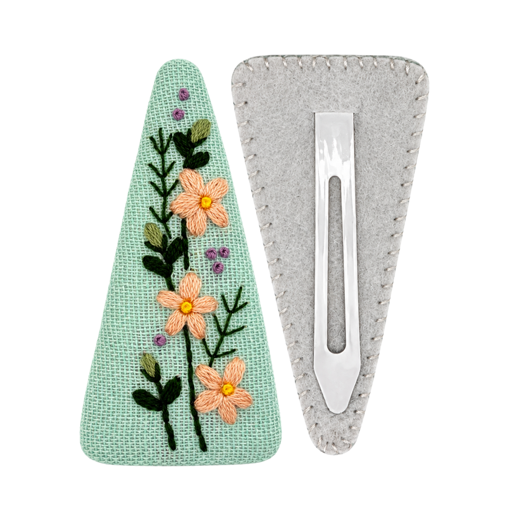 Handmade Embroidered Peach Flower, Mint Linen Hair Snap Clips, Triangle, 2.76 in. (Pack of 2)