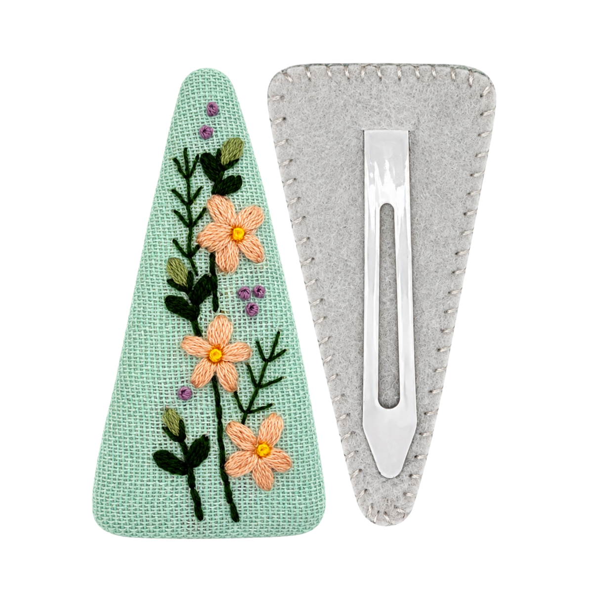 Handmade Embroidered Peach Flower, Mint Linen Hair Snap Clips, Triangle, 2.76 in. (Pack of 2)