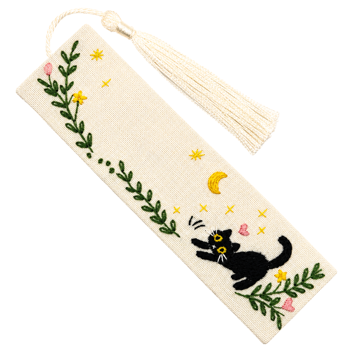 Handmade Embroidered Black Cat Linen Bookmark With Tassel - Stretching Cat, 5.5 x 1.6 in.