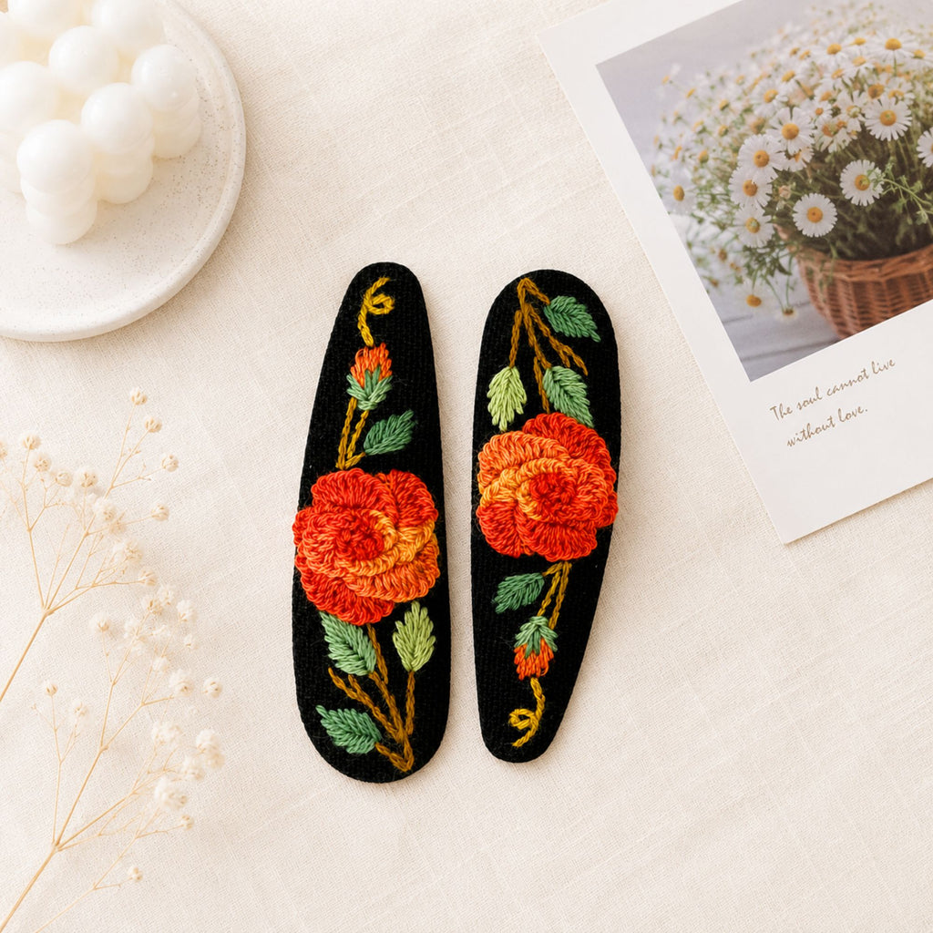 Hand Embroidered Ombre Orange Rose Linen Hair Snap Clips, Teardrop, 2.36 in. (Pack of 2)
