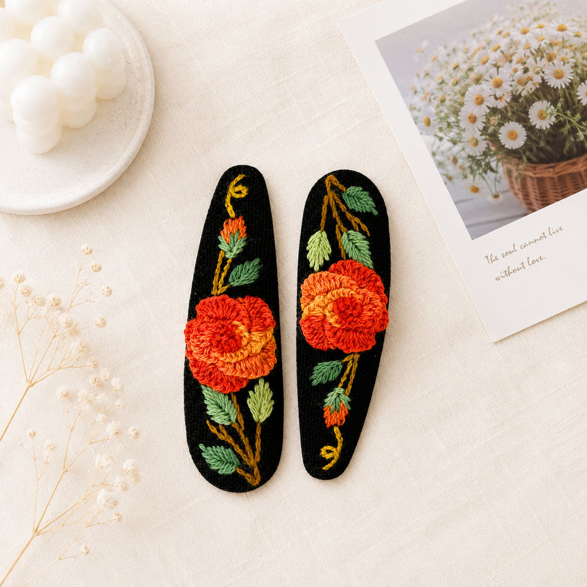 Hand Embroidered Ombre Orange Rose Linen Hair Snap Clips, Teardrop, 2.36 in. (Pack of 2)