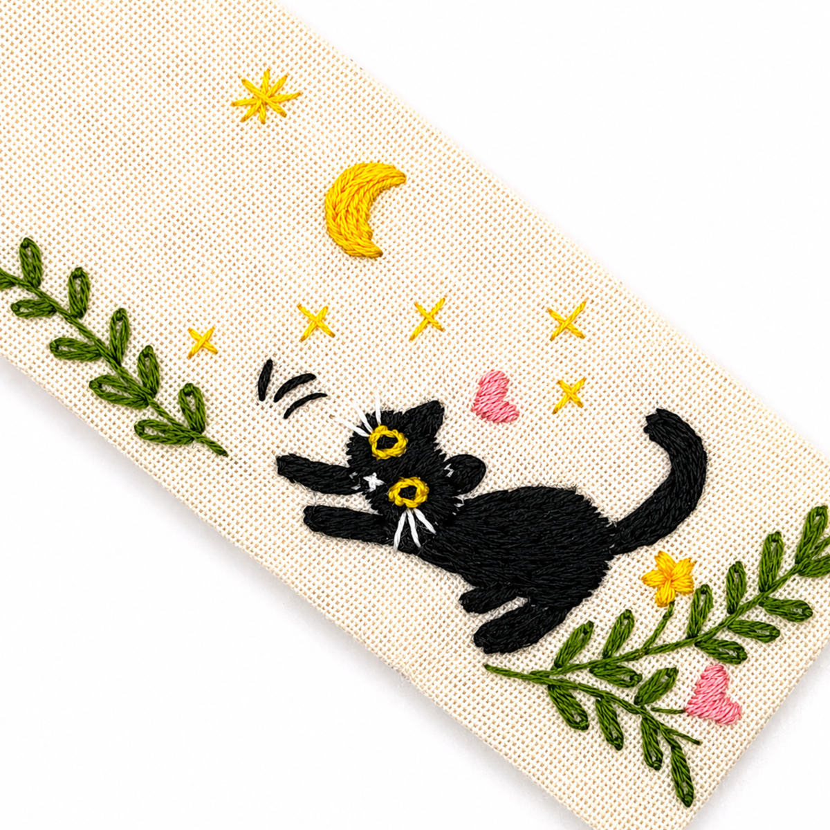 Handmade Embroidered Black Cat Linen Bookmark With Tassel - Stretching Cat, 5.5 x 1.6 in.