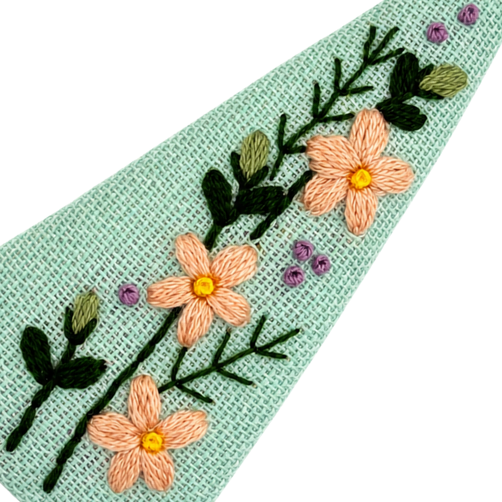 Handmade Embroidered Peach Flower, Mint Linen Hair Snap Clips, Triangle, 2.76 in. (Pack of 2)
