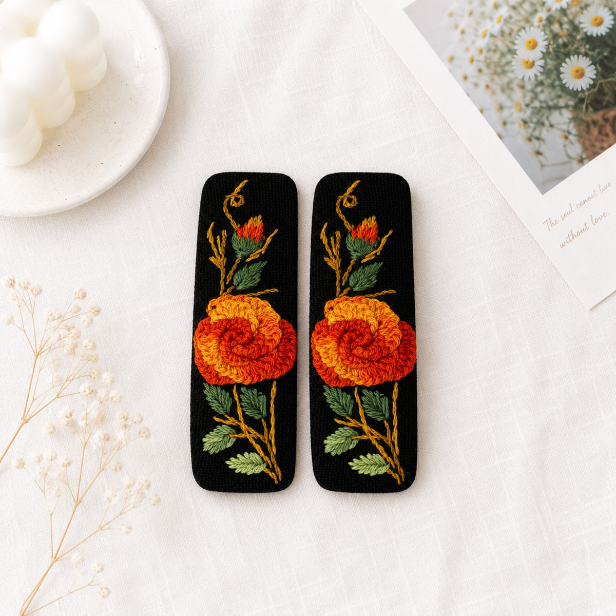 Hand Embroidered Ombre Orange Rose Linen Hair Snap Clips, Rectangle, 2.36 in. (Pack of 2)
