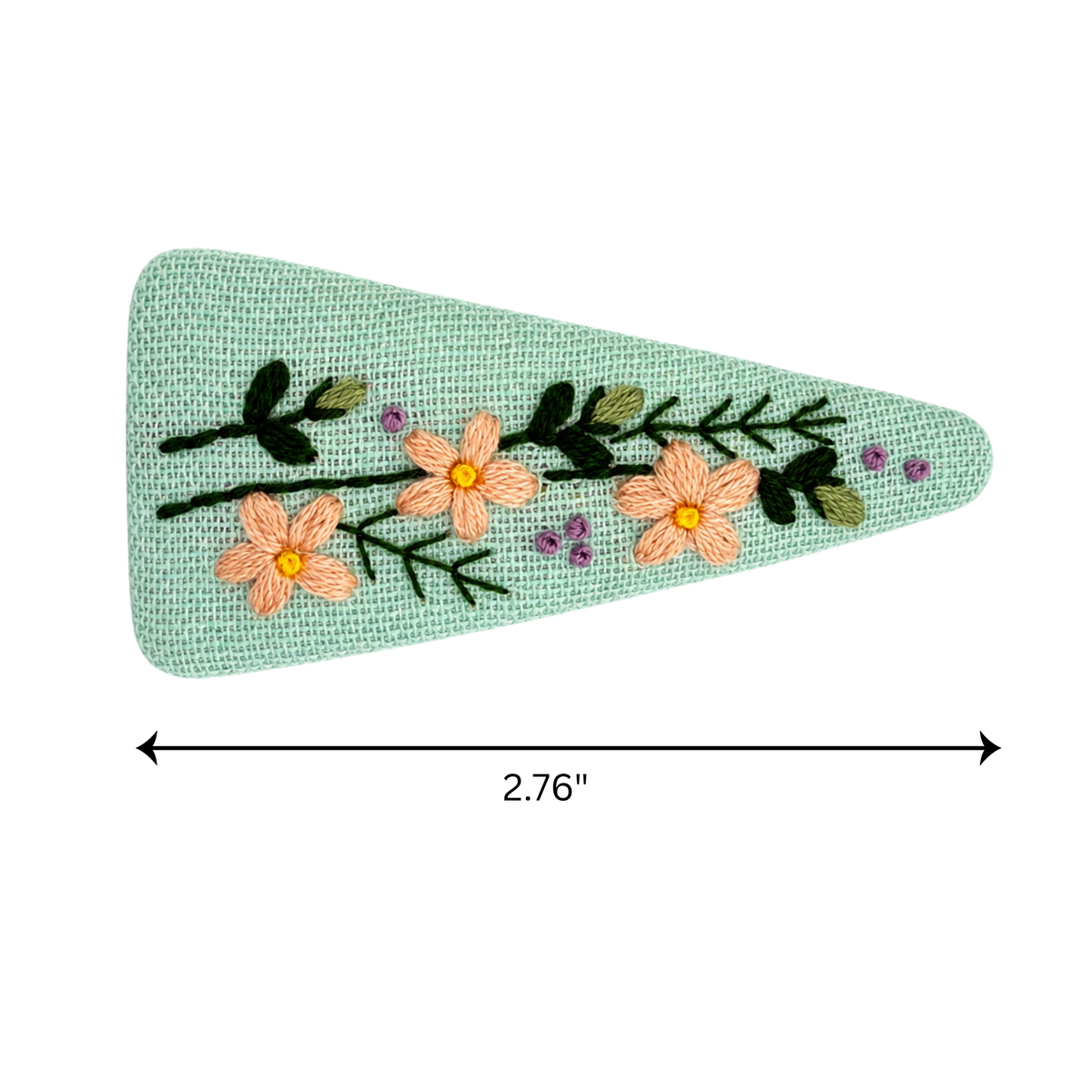 Handmade Embroidered Peach Flower, Mint Linen Hair Snap Clips, Triangle, 2.76 in. (Pack of 2)