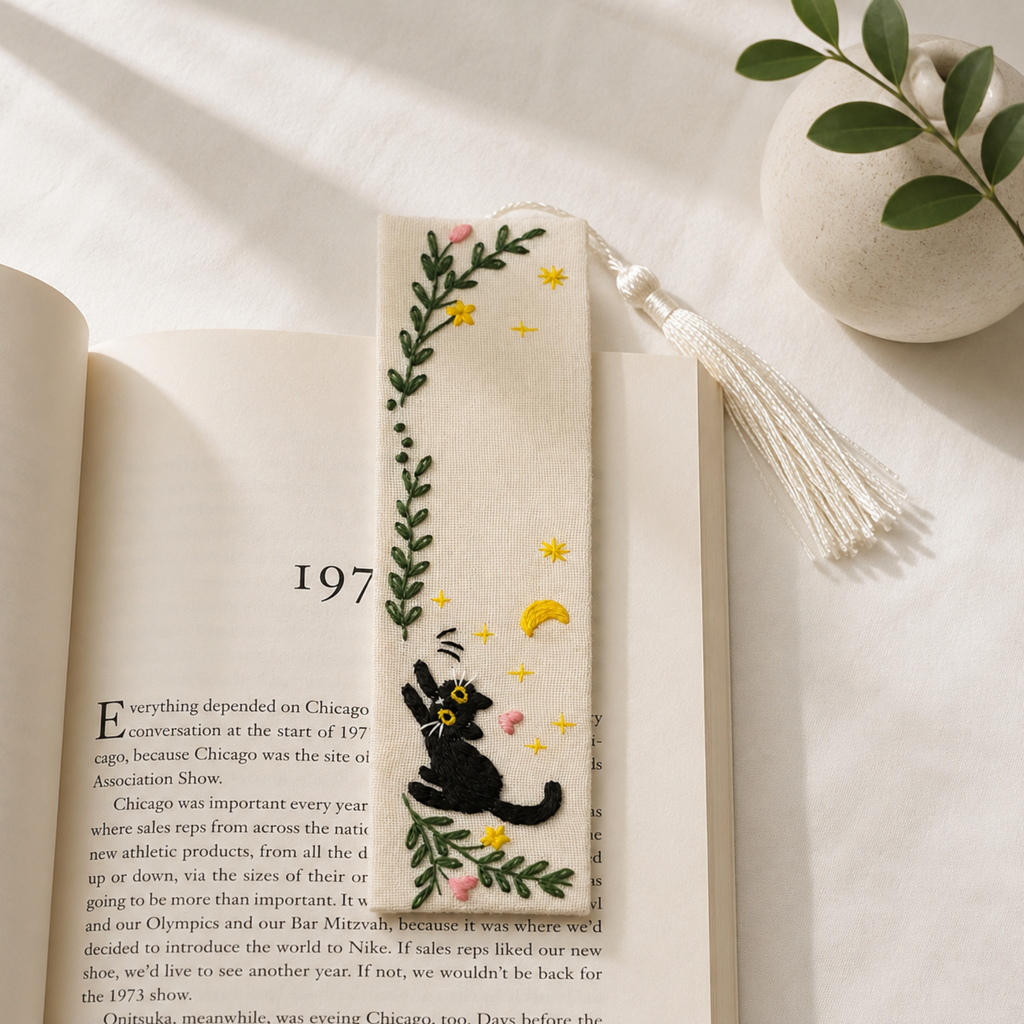 Handmade Embroidered Black Cat Linen Bookmark With Tassel - Stretching Cat, 5.5 x 1.6 in.