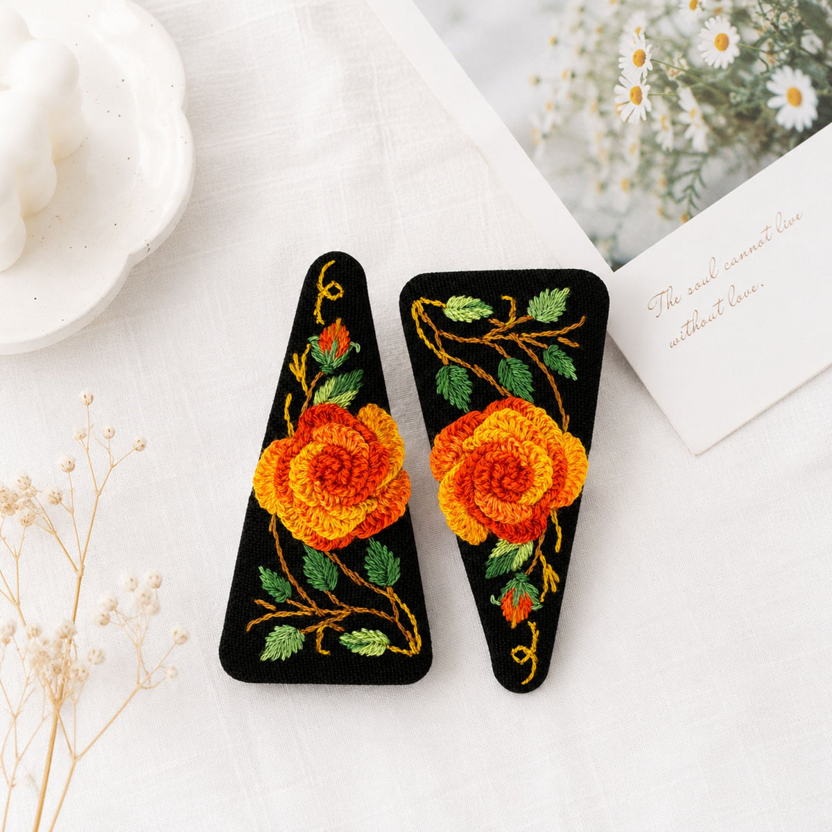 Hand Embroidered Ombre Orange Rose Linen Hair Snap Clips, Triangle, 2.76 in. (Pack of 2)