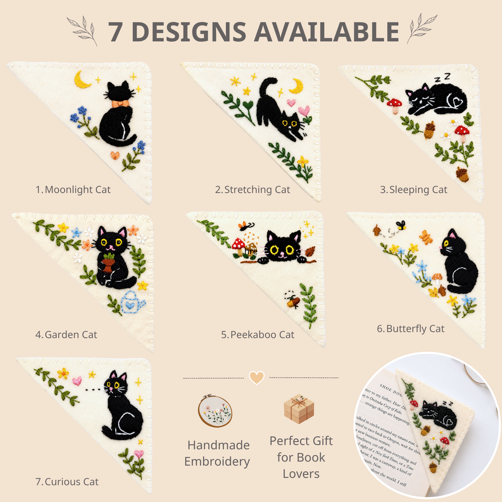 Le Petit Camion Handmade Embroidered Felt Corner Bookmark - Moonlight Black Cat