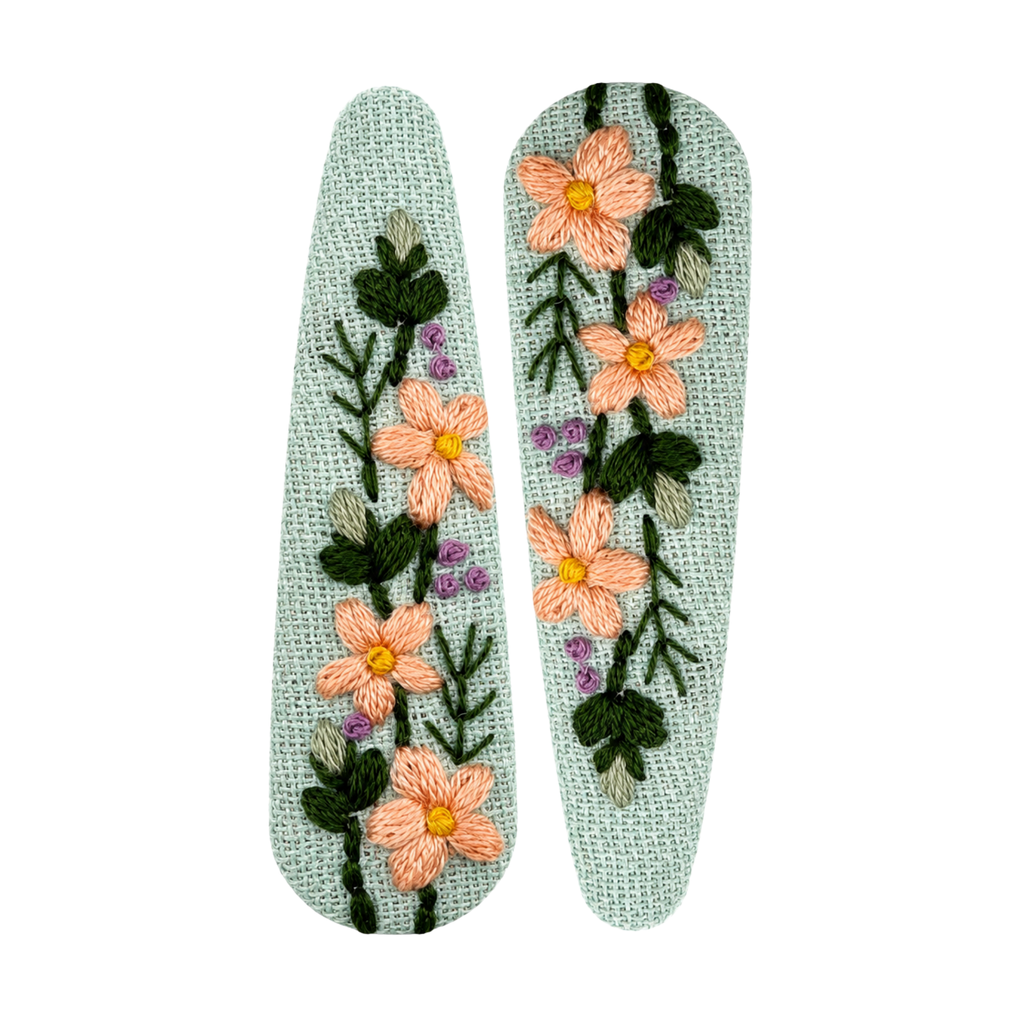 Handmade Embroidered Peach Flower, Mint Linen Hair Snap Clips, Teardrop, 2.36 in. (Pack of 2)