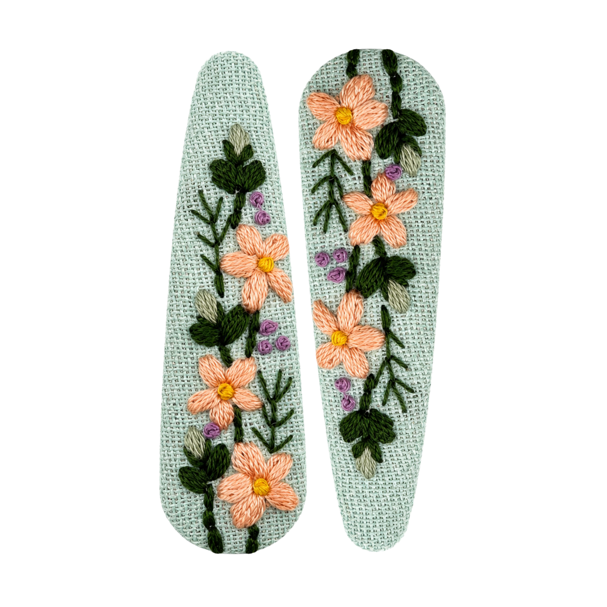 Handmade Embroidered Peach Flower, Mint Linen Hair Snap Clips, Teardrop, 2.36 in. (Pack of 2)