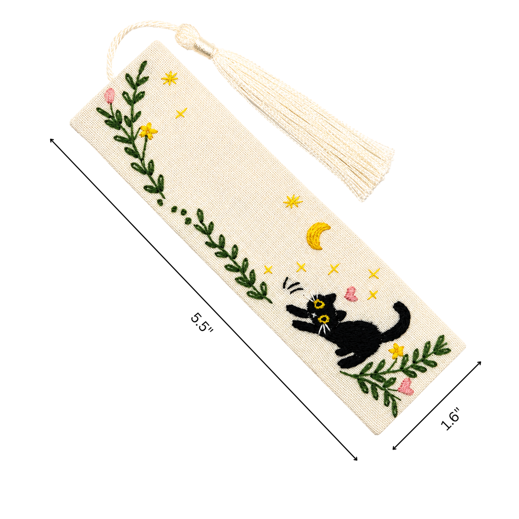 Handmade Embroidered Black Cat Linen Bookmark With Tassel - Stretching Cat, 5.5 x 1.6 in.