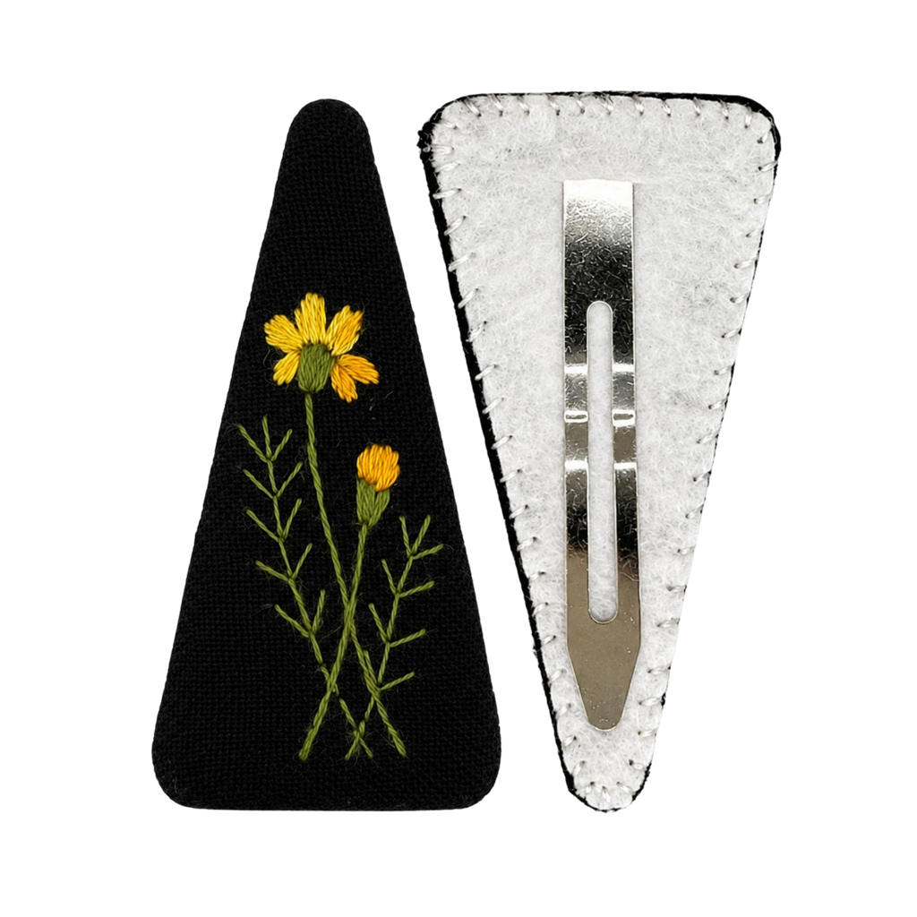 Handmade Embroidered Yellow Flower Linen Hair Snap Clips, Triangle, 2.76 in. (Pack of 2)