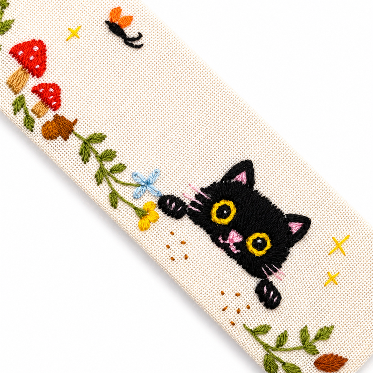 Handmade Embroidered Black Cat Linen Bookmark With Tassel - Peekaboo Cat, 5.5 x 1.6 in.