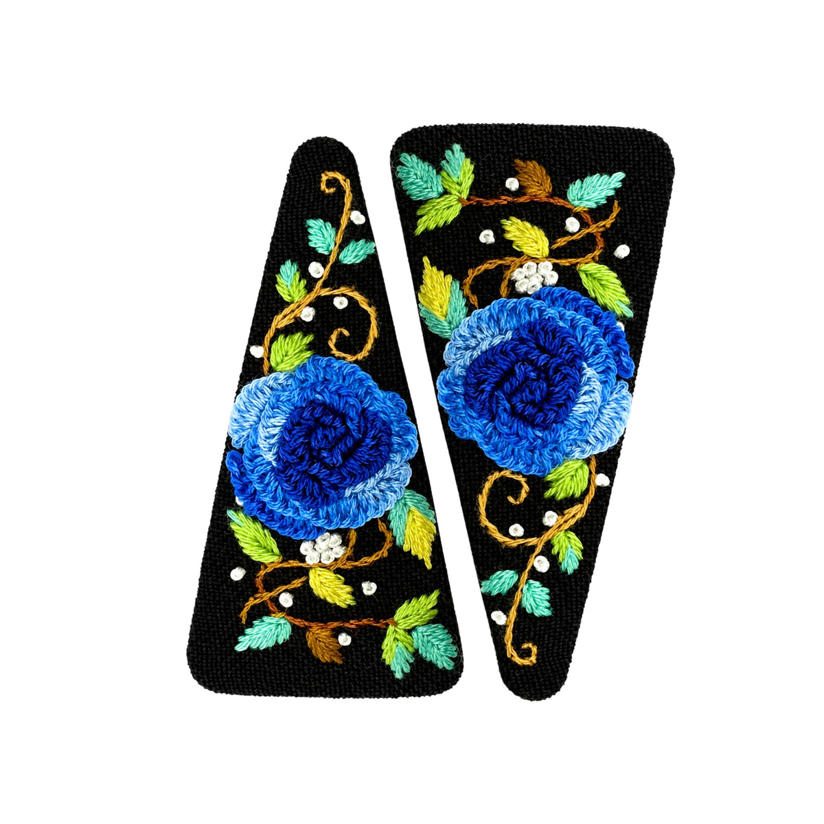 Hand Embroidered Ombre Blue Rose Linen Hair Snap Clips, Oval, 2.36 in. (Pack of 2)