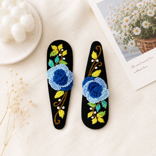 Hand Embroidered Ombre Blue Rose Linen Hair Snap Clips, Teardrop, 2.36 in. (Pack of 2)
