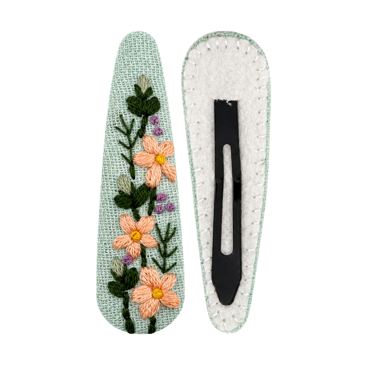 Handmade Embroidered Peach Flower, Mint Linen Hair Snap Clips, Teardrop, 2.36 in. (Pack of 2)