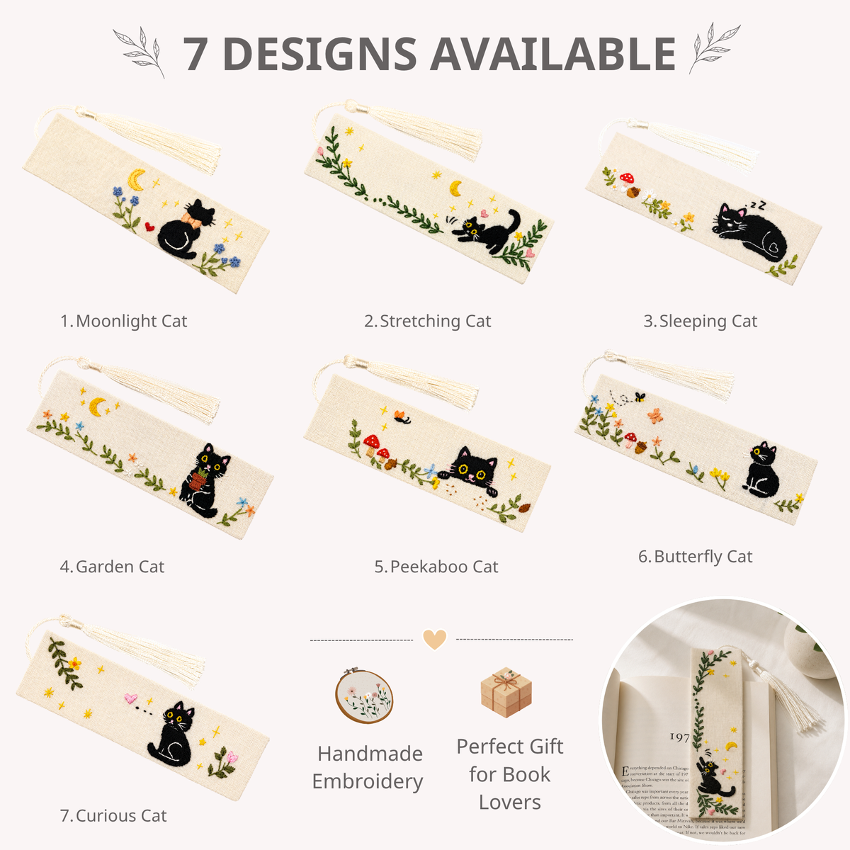 Handmade Embroidered Black Cat Linen Bookmark With Tassel - Curious Cat, 5.5 x 1.6 in.