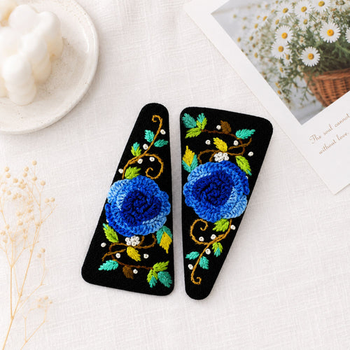 Hand Embroidered Ombre Blue Rose Linen Hair Snap Clips, Triangle, 2.76 in. (Pack of 2)