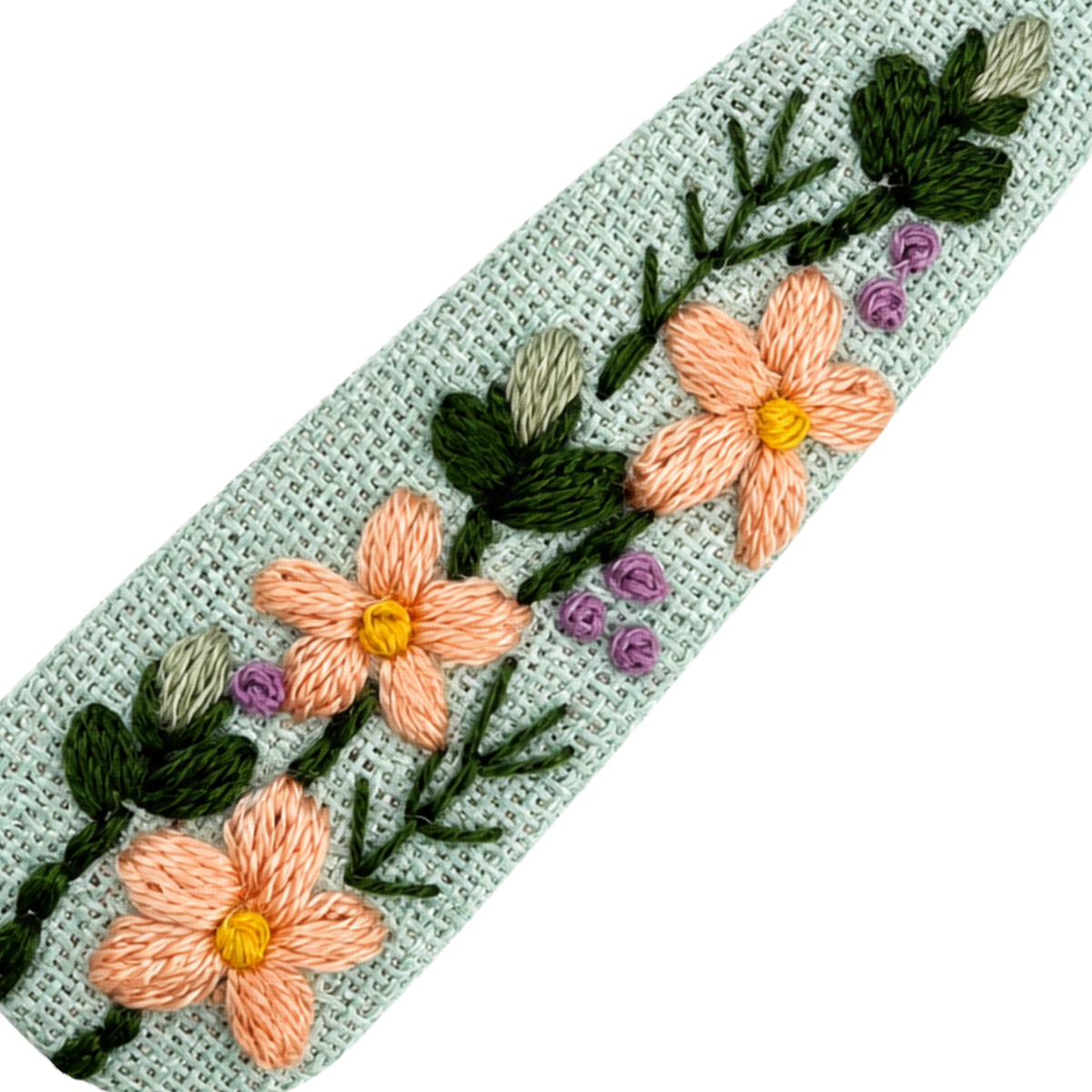 Handmade Embroidered Peach Flower, Mint Linen Hair Snap Clips, Teardrop, 2.36 in. (Pack of 2)