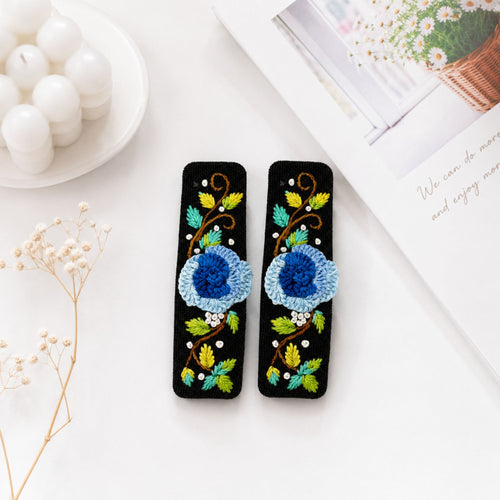Hand Embroidered Ombre Blue Rose Linen Hair Snap Clips, Rectangle, 2.36 in. (Pack of 2)