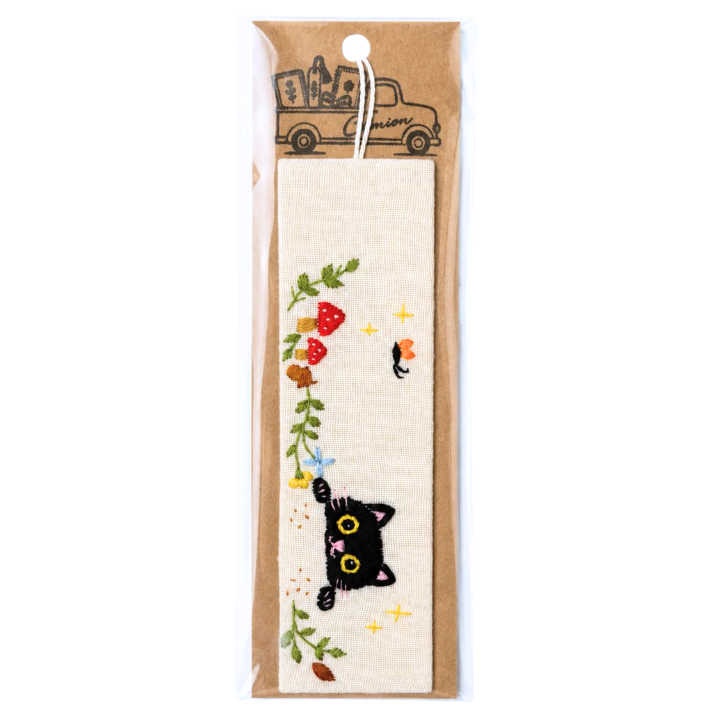 Handmade Embroidered Black Cat Linen Bookmark With Tassel - Peekaboo Cat, 5.5 x 1.6 in.