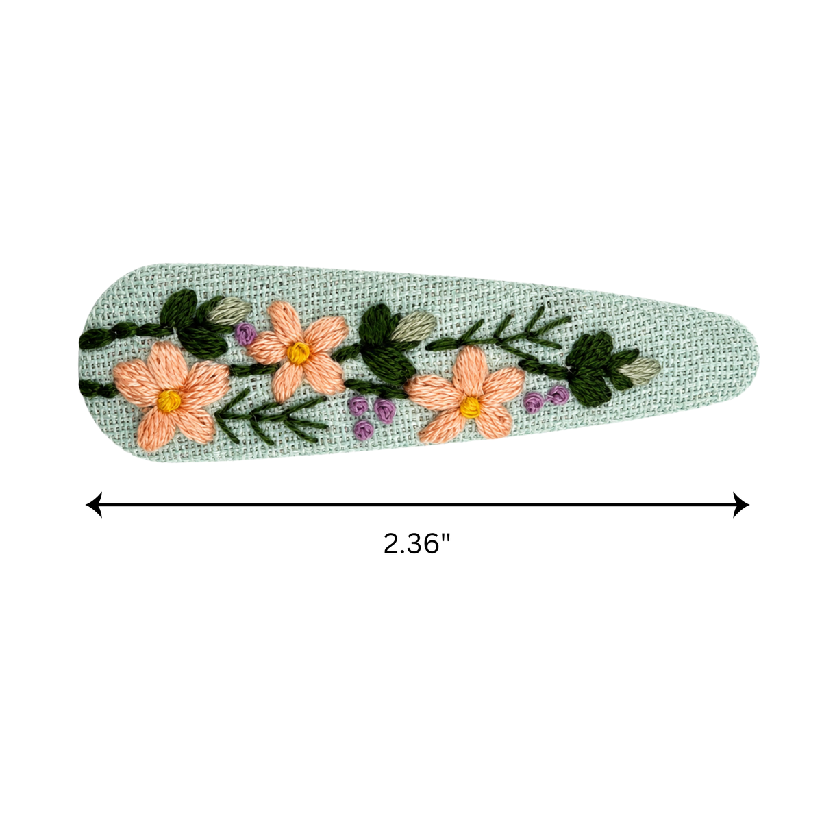 Handmade Embroidered Peach Flower, Mint Linen Hair Snap Clips, Teardrop, 2.36 in. (Pack of 2)