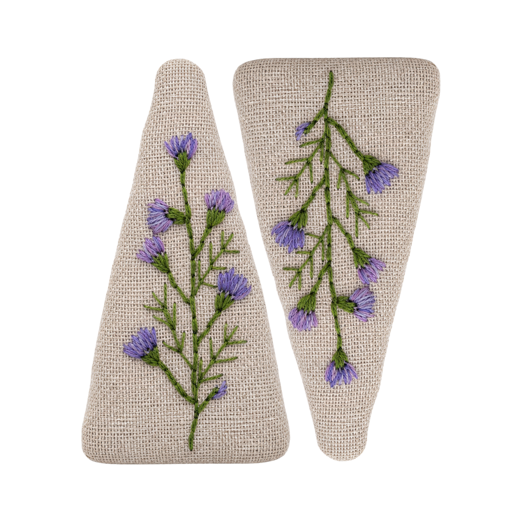 Handmade Embroidered Purple Flower, Natural Linen Hair Snap Clips, Triangle, 2.76 in. (Pack of 2)