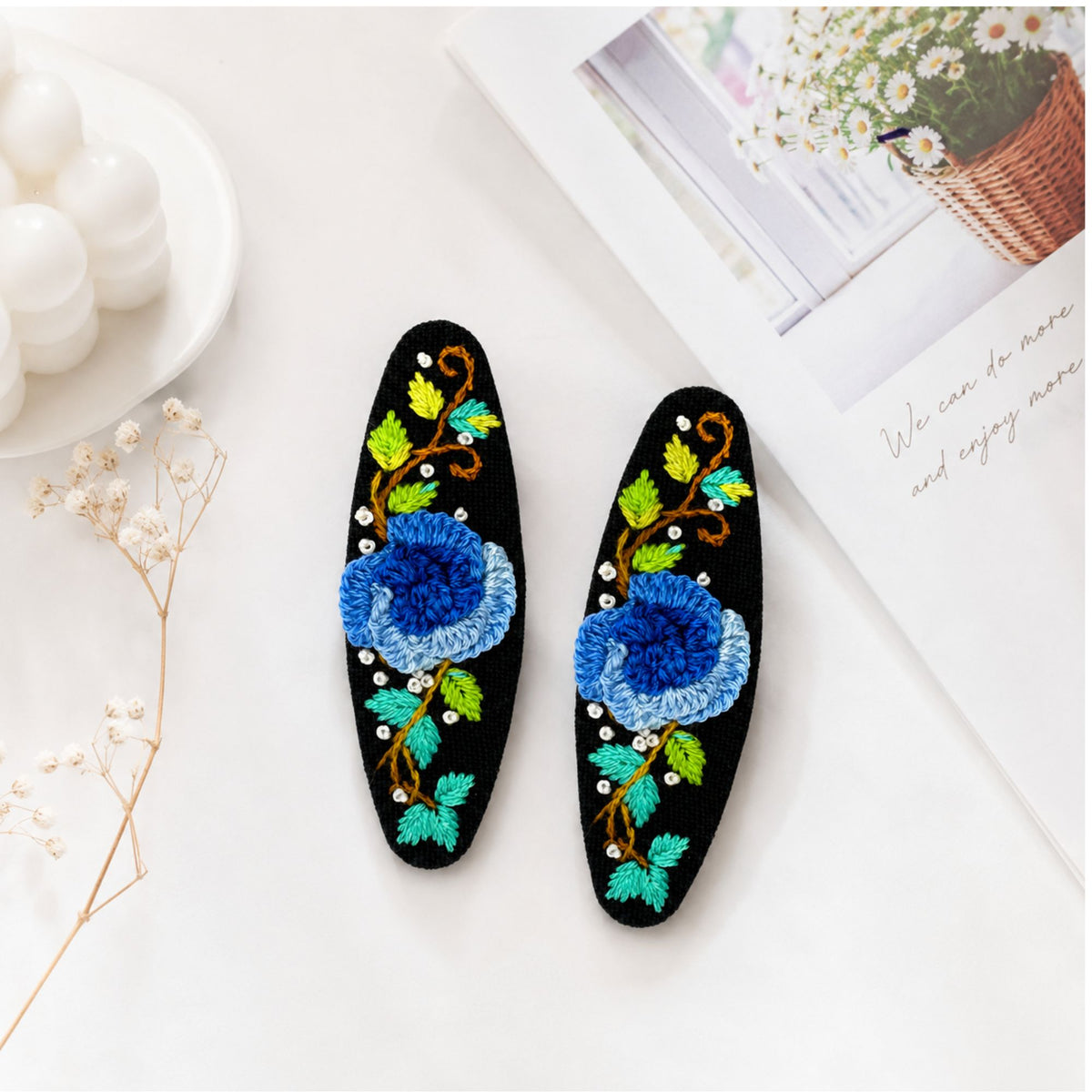 Hand Embroidered Ombre Blue Rose Linen Hair Snap Clips, Oval, 2.36 in. (Pack of 2)