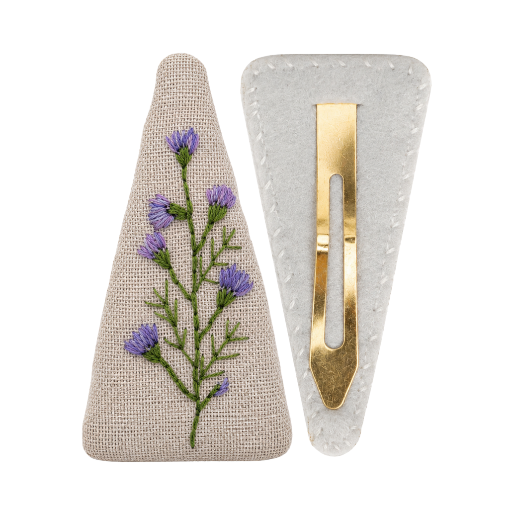 Handmade Embroidered Purple Flower, Natural Linen Hair Snap Clips, Triangle, 2.76 in. (Pack of 2)
