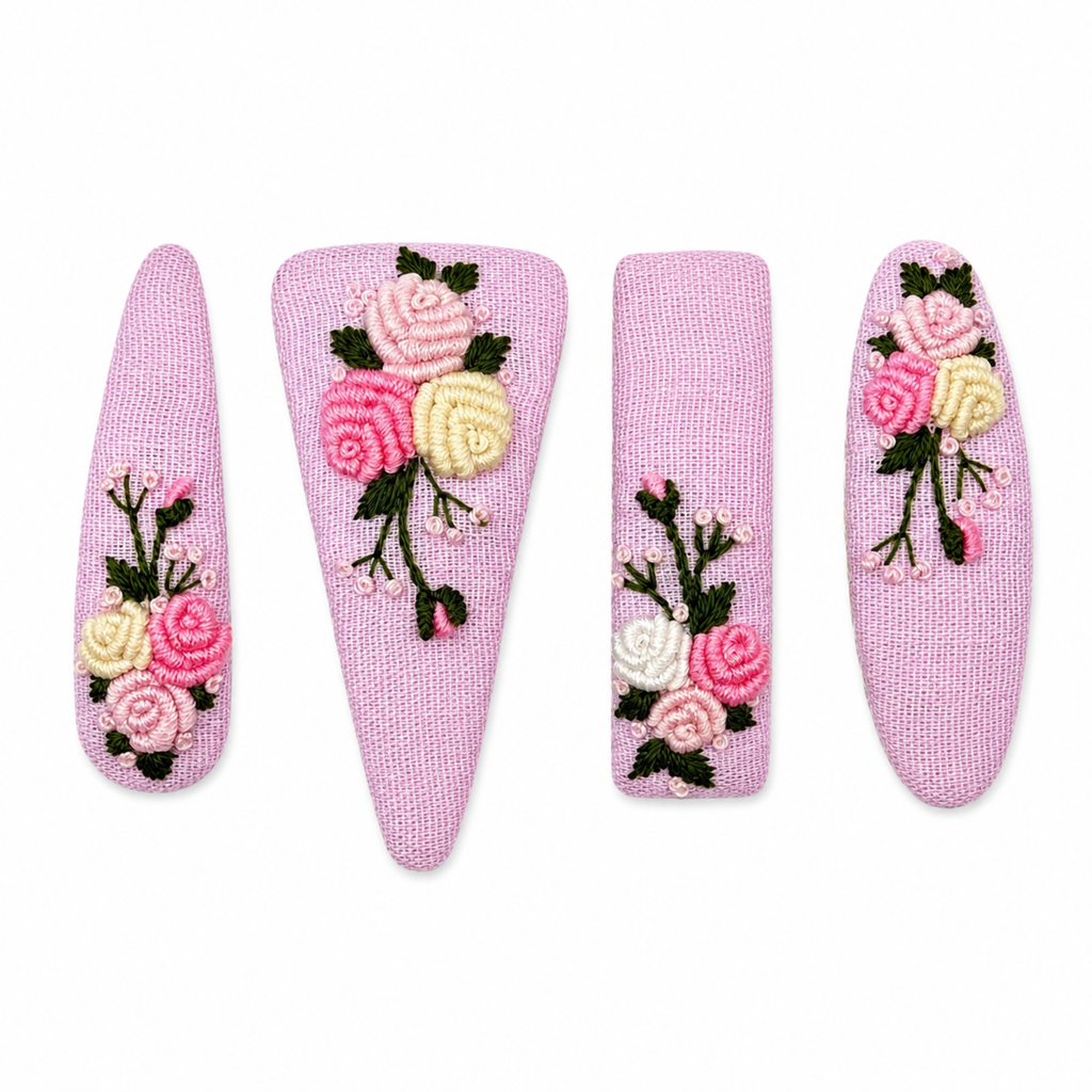Handmade Rose Embroidery Hair Snap Clip, Pink Linen, Triangle, 2.36"