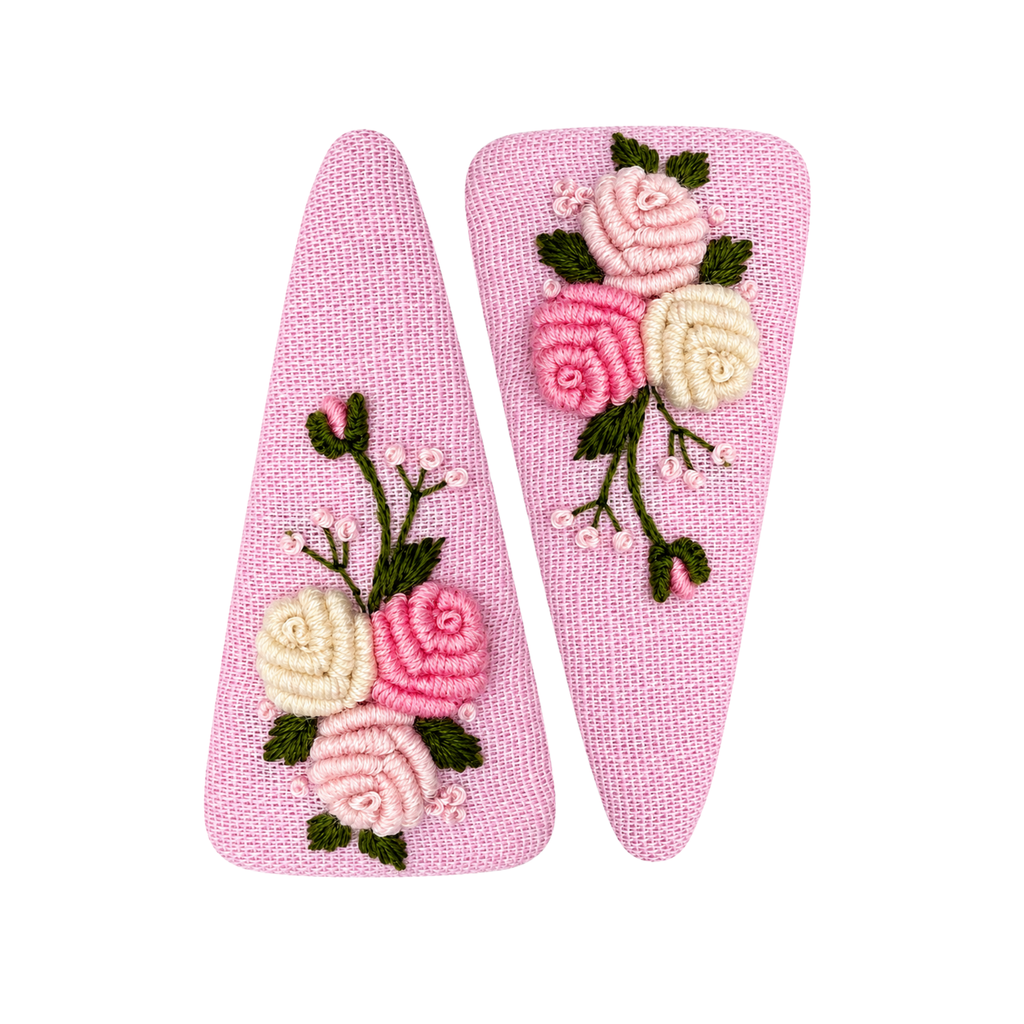 Handmade Rose Embroidery Hair Snap Clip, Pink Linen, Triangle, 2.36"