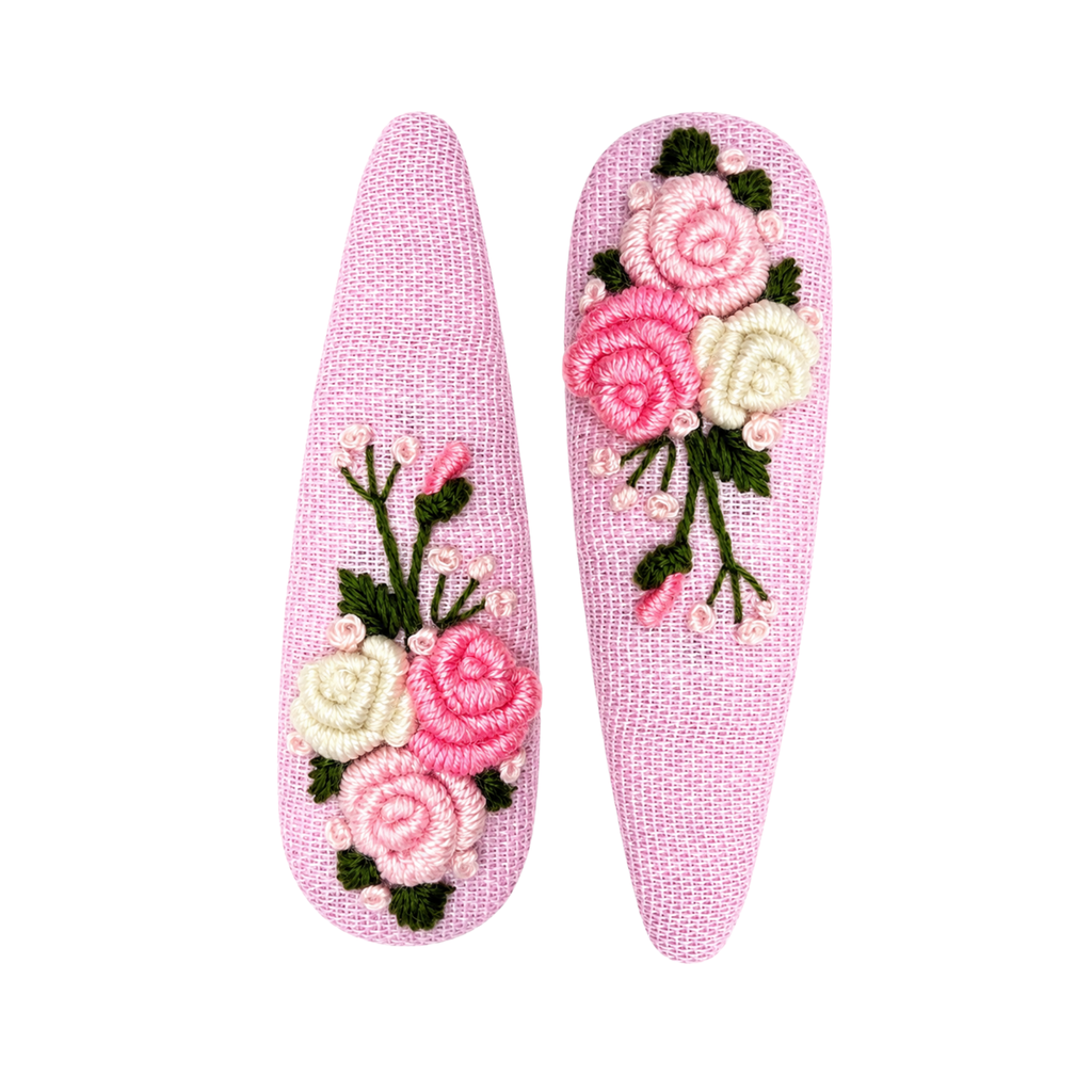 Handmade Rose Embroidery Hair Snap Clip, Pink Linen, Teardrop, 2.36"