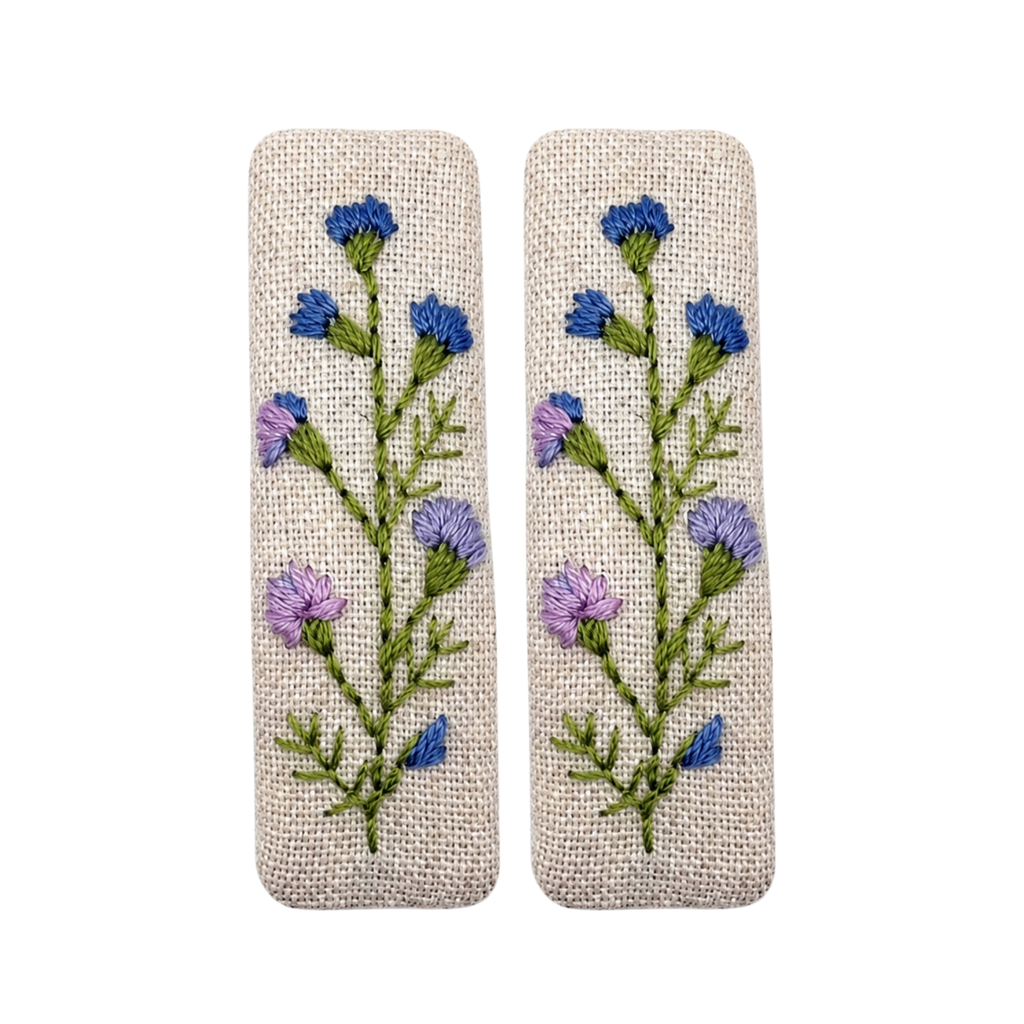 Handmade Embroidered Purple Flower, Natural Linen Hair Snap Clips, Rectangle, 2.36 in. (Pack of 2)