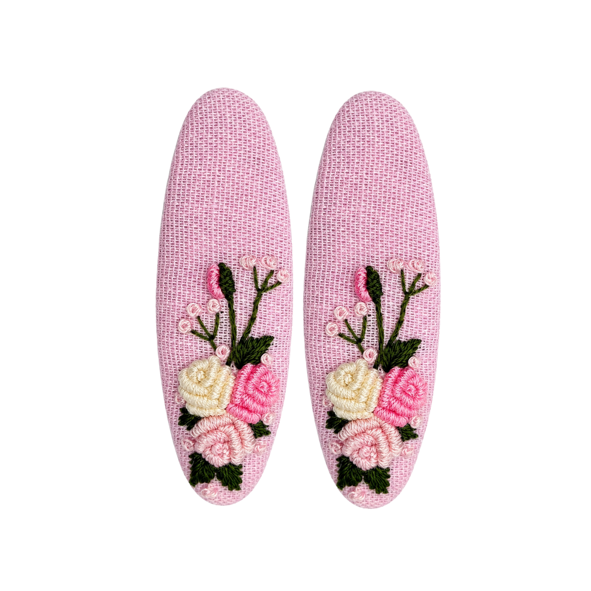 Handmade Rose Embroidery Hair Snap Clip, Pink Linen, Oval, 2.36"