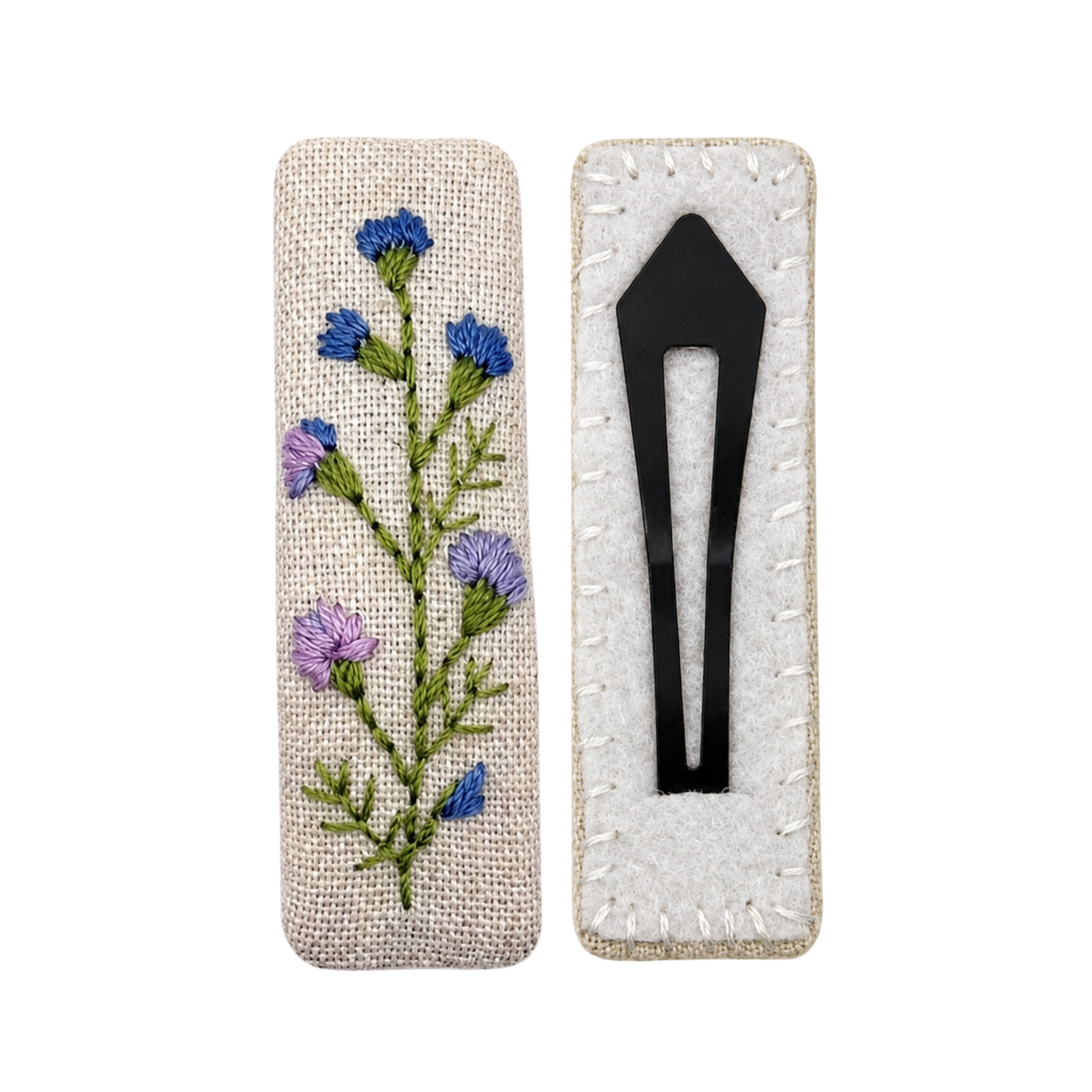 Handmade Embroidered Purple Flower, Natural Linen Hair Snap Clips, Rectangle, 2.36 in. (Pack of 2)