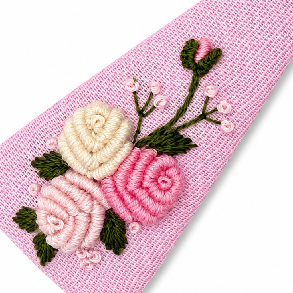 Handmade Rose Embroidery Hair Snap Clip, Pink Linen, Triangle, 2.36"