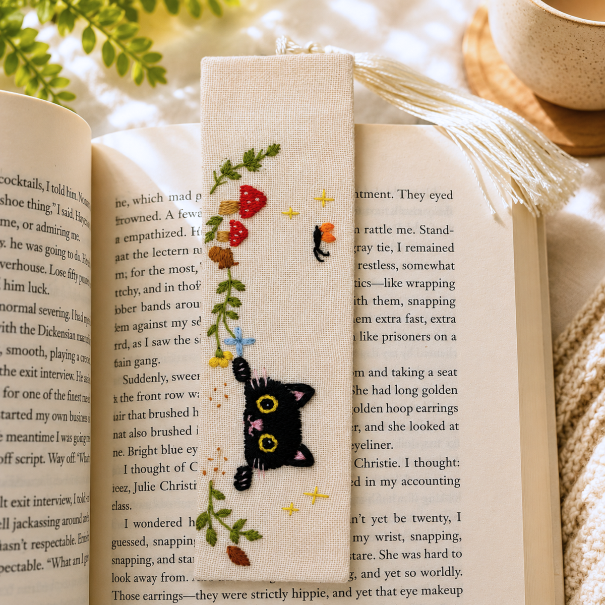 Handmade Embroidered Black Cat Linen Bookmark With Tassel - Peekaboo Cat, 5.5 x 1.6 in.