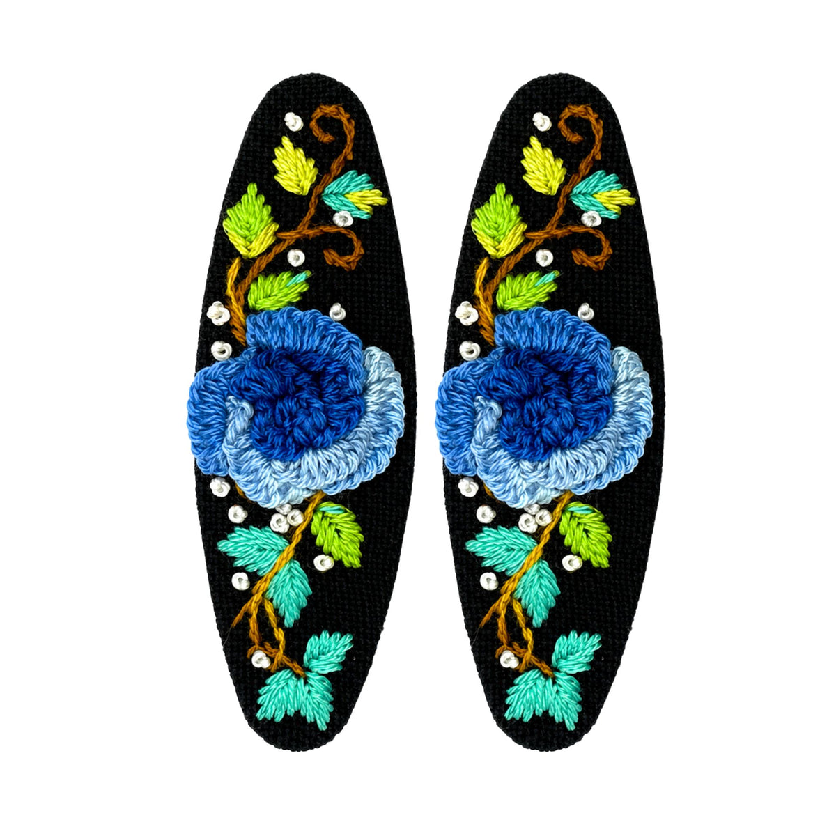 Hand Embroidered Ombre Blue Rose Linen Hair Snap Clips, Oval, 2.36 in. (Pack of 2)