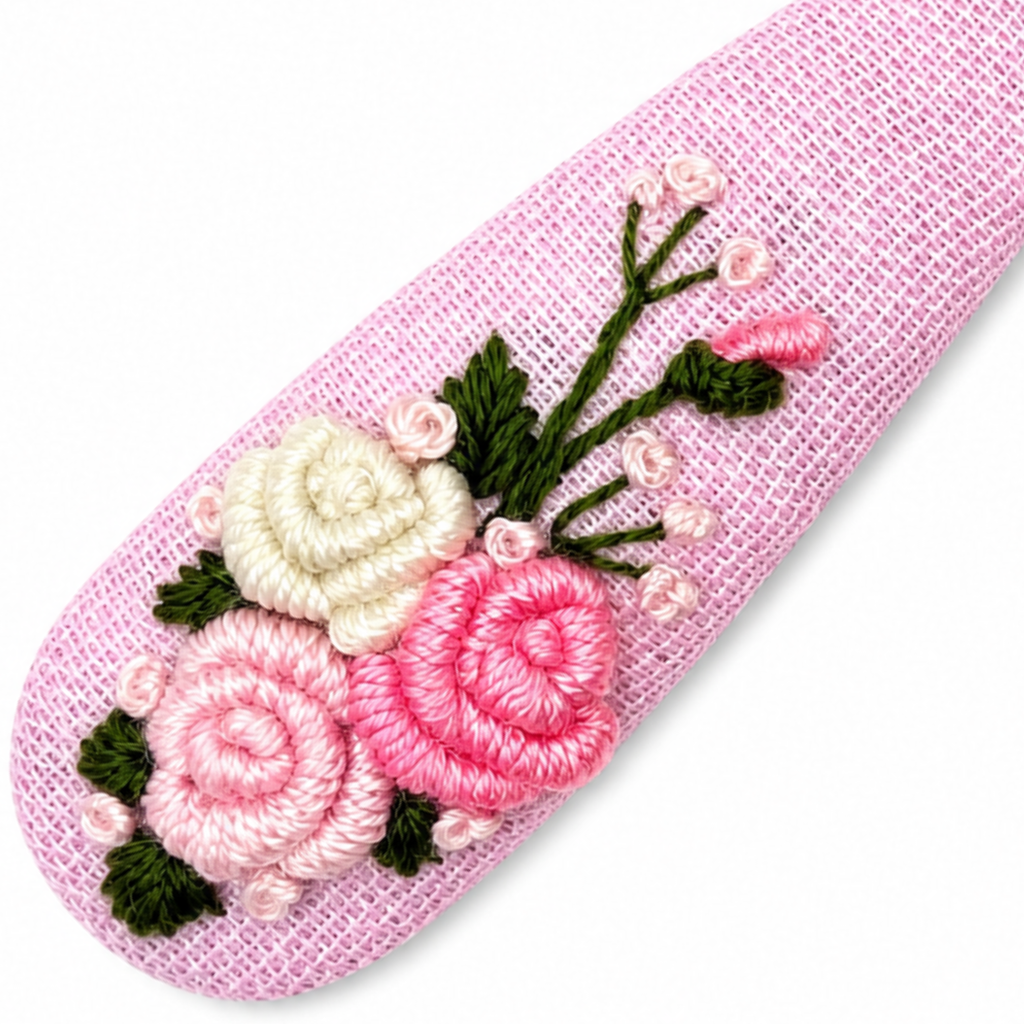 Handmade Rose Embroidery Hair Snap Clip, Pink Linen, Teardrop, 2.36"