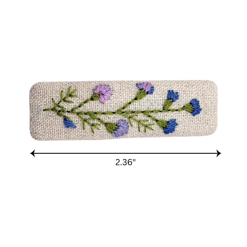 Handmade Embroidered Purple Flower, Natural Linen Hair Snap Clips, Rectangle, 2.36 in. (Pack of 2)