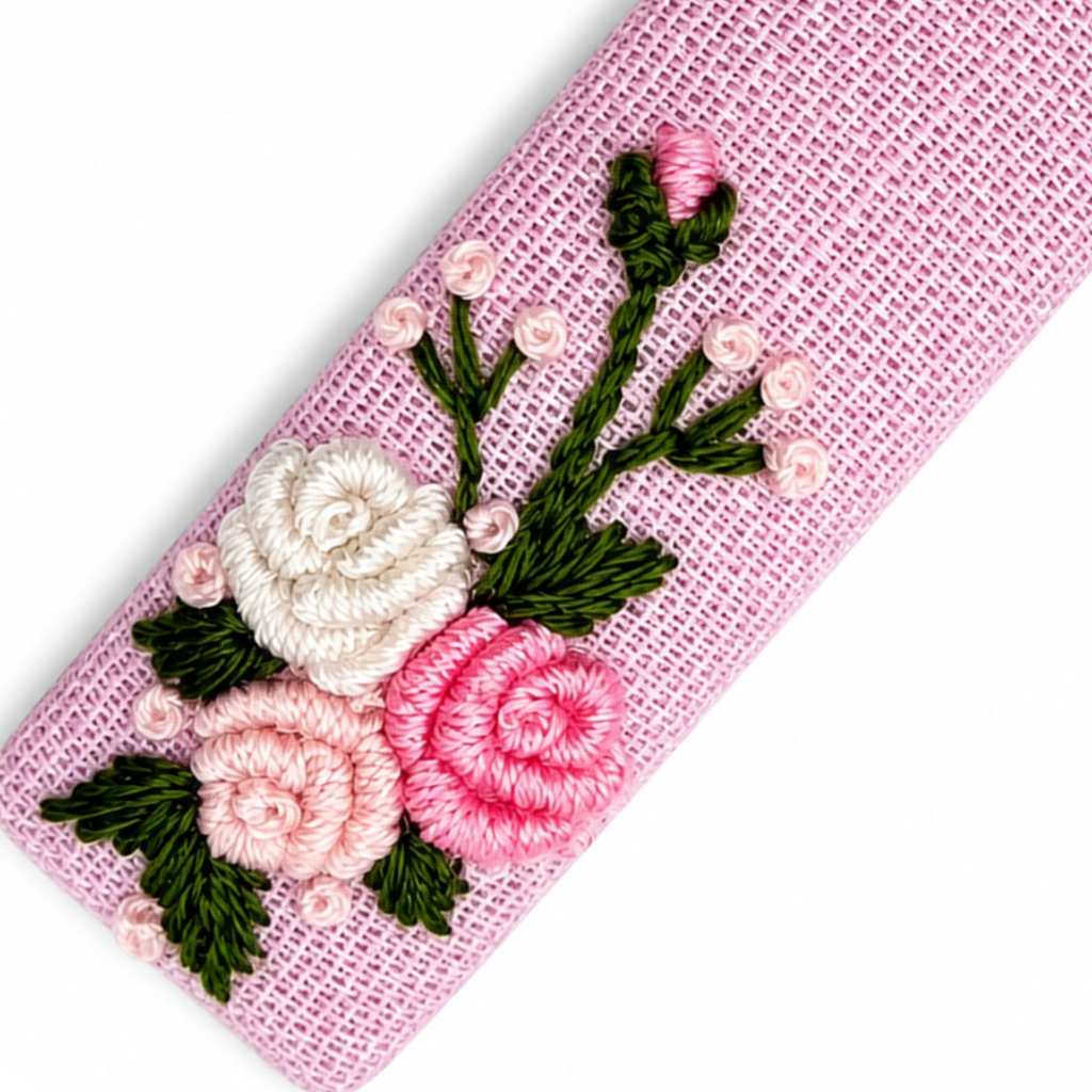 Handmade Rose Embroidery Hair Snap Clip, Pink Linen, Rectangle, 2.36"