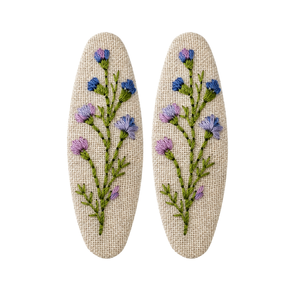 Handmade Embroidered Purple Flower, Natural Linen Hair Snap Clips, Oval, 2.36 in. (Pack of 2)