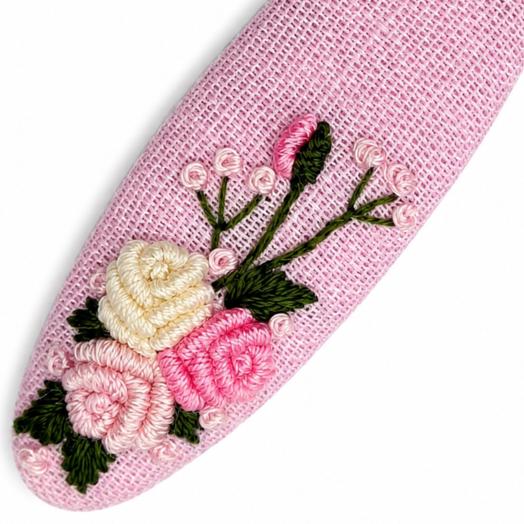 Handmade Rose Embroidery Hair Snap Clip, Pink Linen, Oval, 2.36"