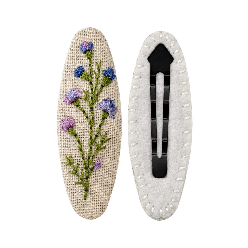 Handmade Embroidered Purple Flower, Natural Linen Hair Snap Clips, Oval, 2.36 in. (Pack of 2)