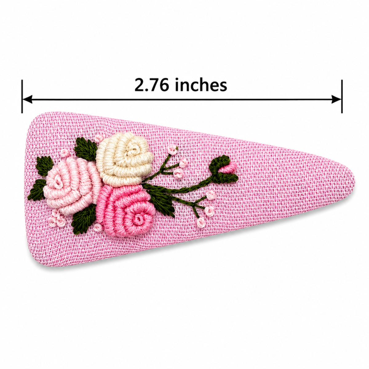 Handmade Rose Embroidery Hair Snap Clip, Pink Linen, Triangle, 2.36"