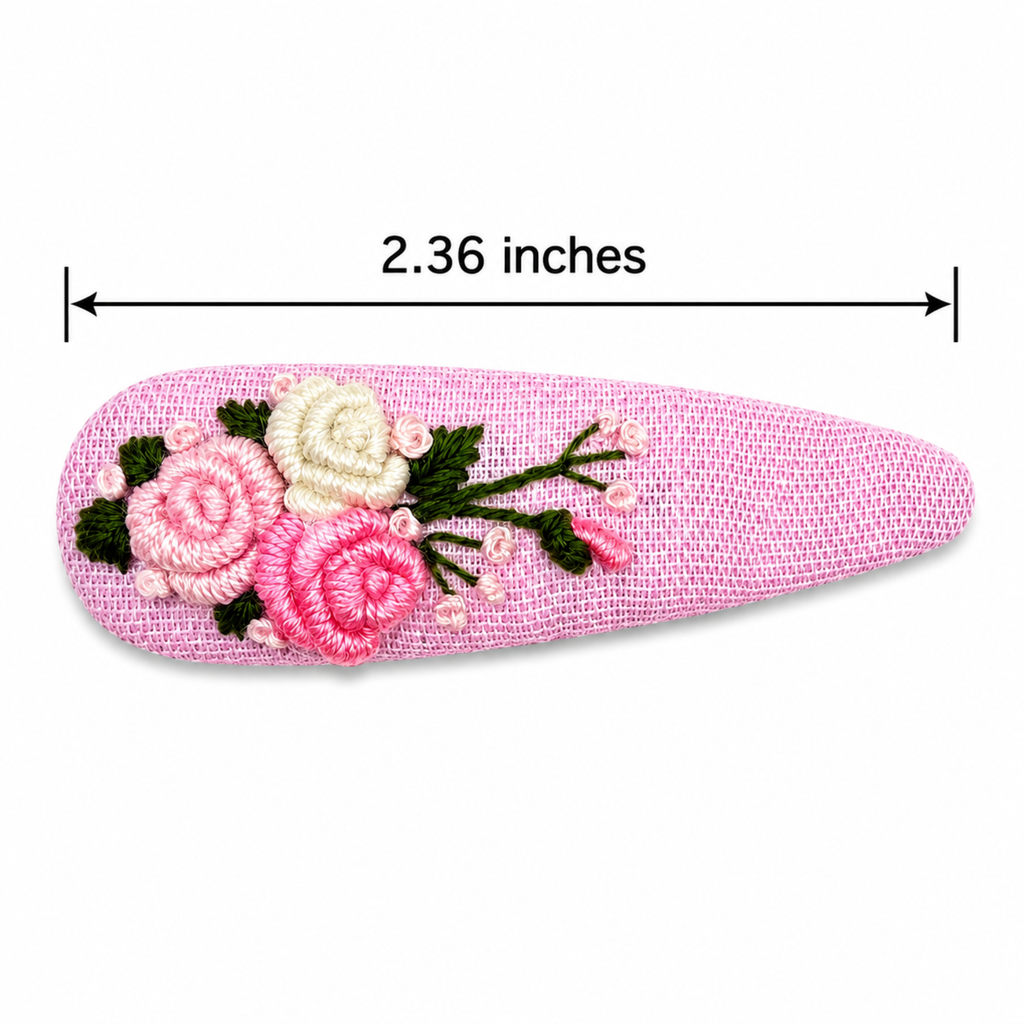 Handmade Rose Embroidery Hair Snap Clip, Pink Linen, Teardrop, 2.36"