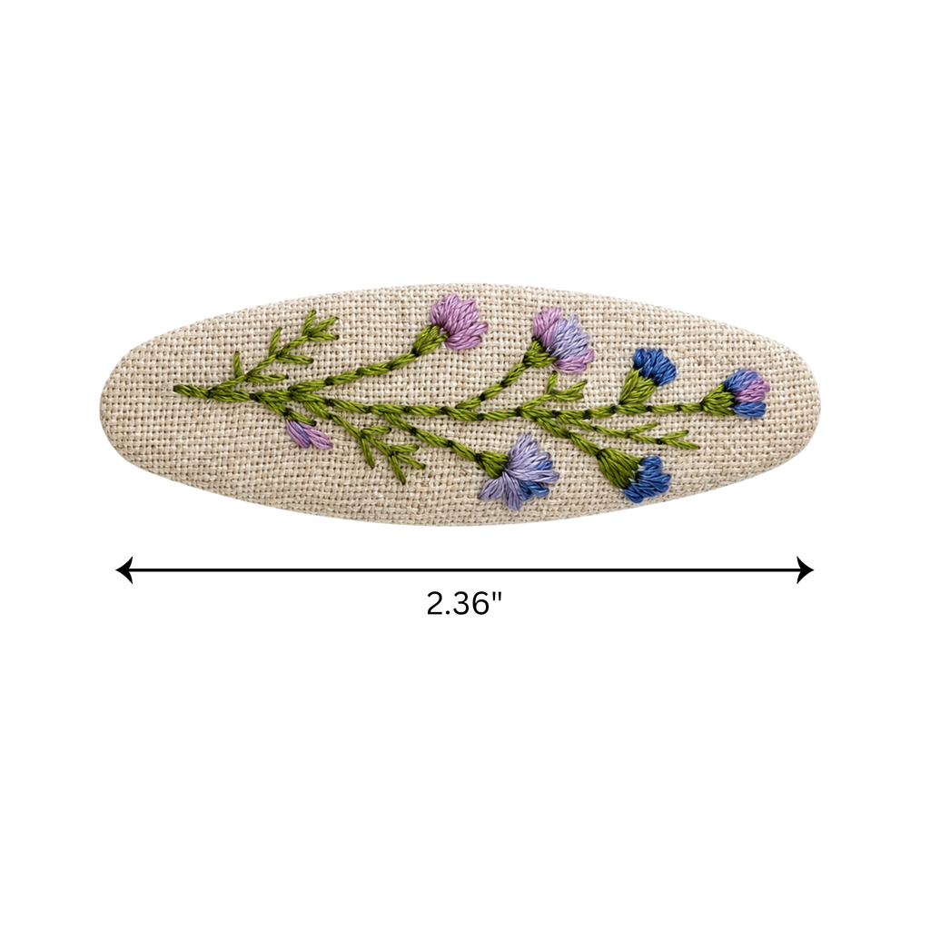 Handmade Embroidered Purple Flower, Natural Linen Hair Snap Clips, Oval, 2.36 in. (Pack of 2)